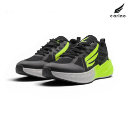 A pair of Carino athletic sneakers in black and gray with bright neon yellow-green accents, shown on a clean white background with the Carino brand logo in the top right corner.