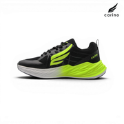A Carino athletic sneaker in black and neon yellow-green, shown from a side profile on a white background with the Carino brand logo in the top right corner.